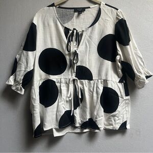 Haver London Black White Polka Dot Linen Blend Peplum Blouse XS